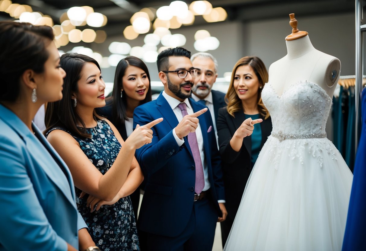 A group of people gossiping and pointing at a wedding dress on a mannequin