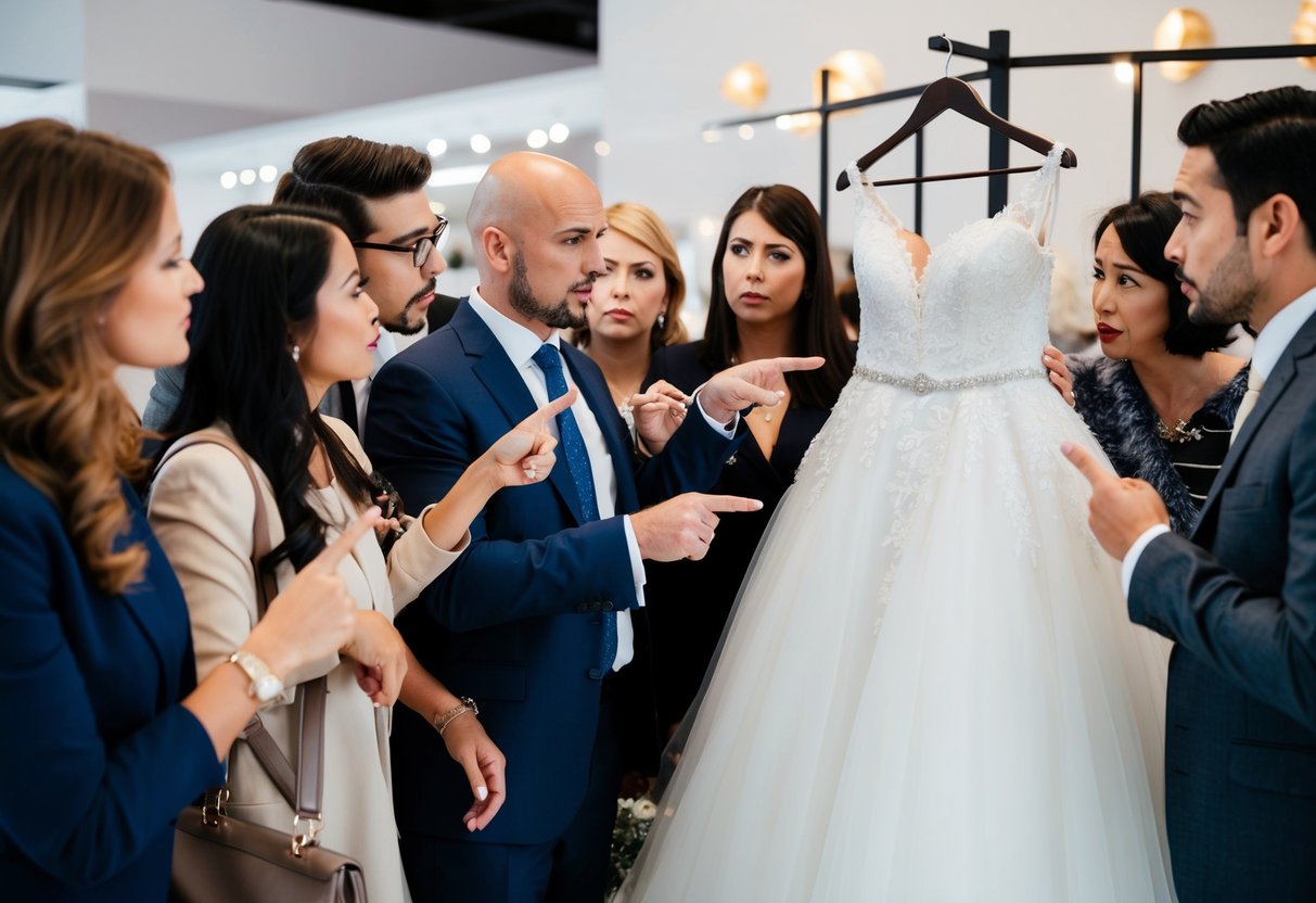 A group of people gossiping and pointing at a wedding dress on display, with disapproving looks on their faces