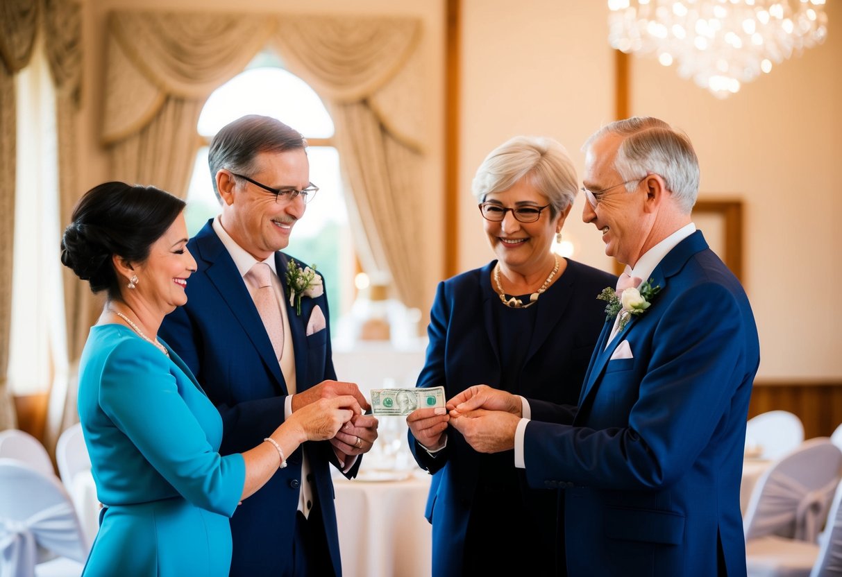 Two sets of parents exchanging money at a wedding venue