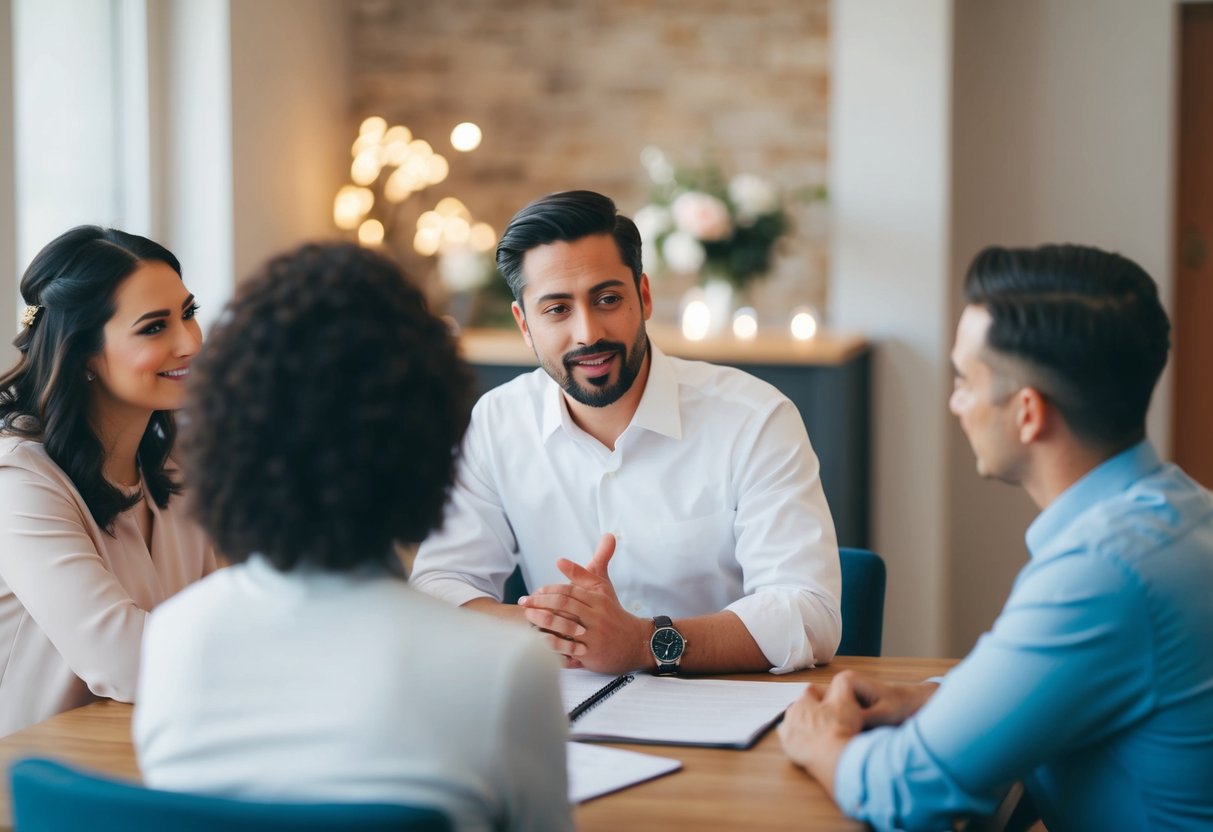 A couple discussing wedding plans with friends, facing judgment and criticism