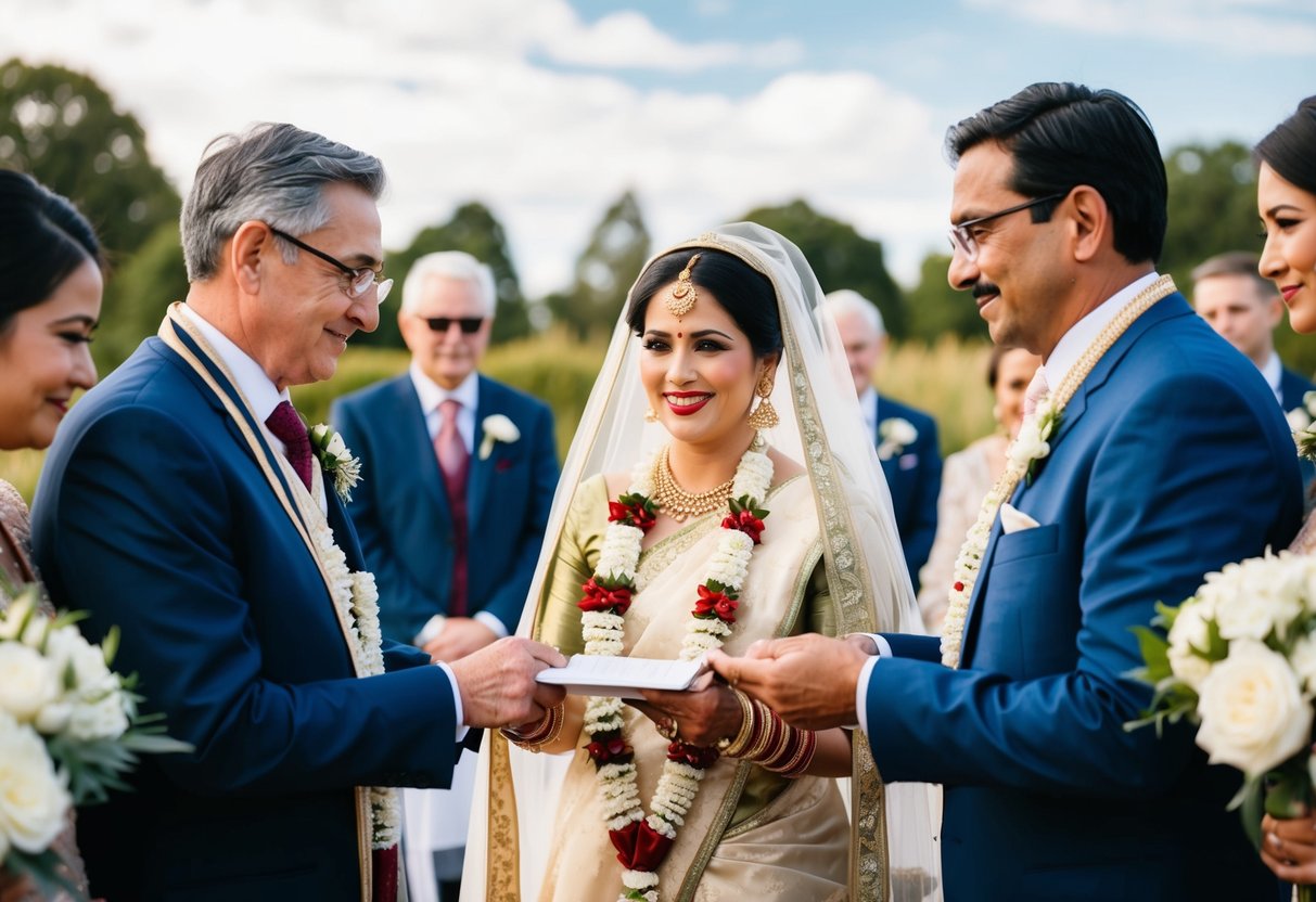 A traditional wedding with parents from different backgrounds each contributing to the ceremony. The scene includes elements of both historical and modern wedding traditions
