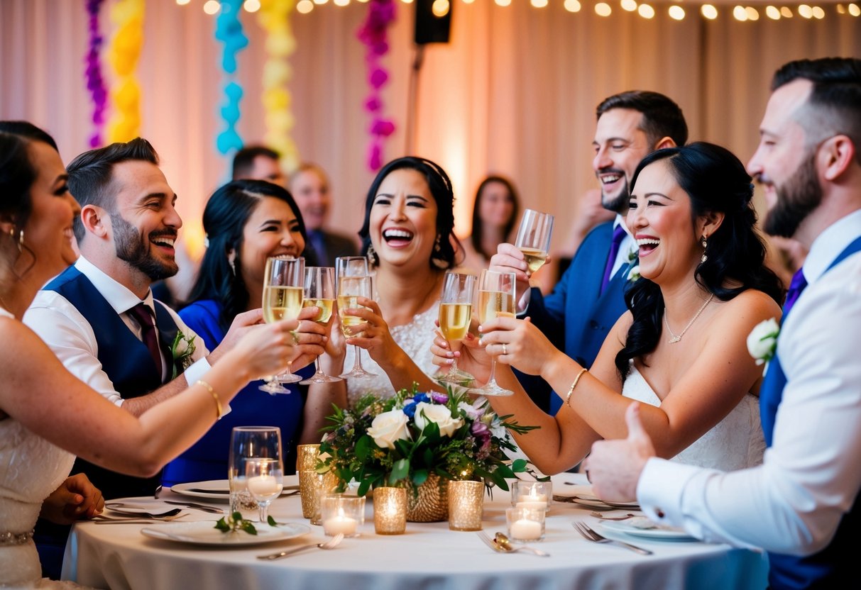 A group of people laughing and clinking glasses at a wedding reception, surrounded by colorful decorations and twinkling lights