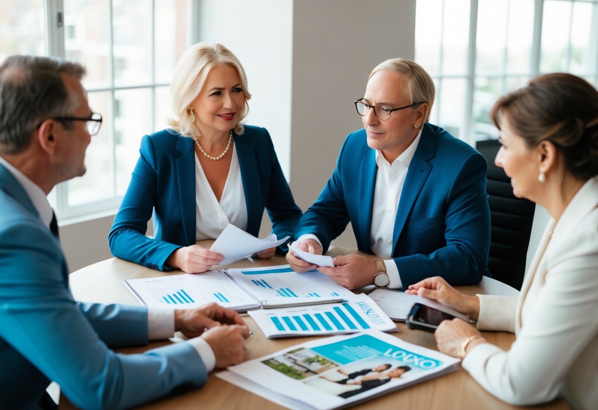Parents discussing wedding expenses at a table, with a budget spreadsheet and wedding magazines spread out in front of them