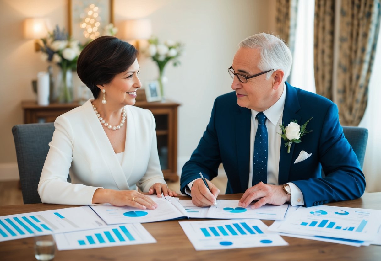 Both sets of parents sit at a table, discussing wedding finances. Charts and diagrams are spread out, as they communicate and plan together