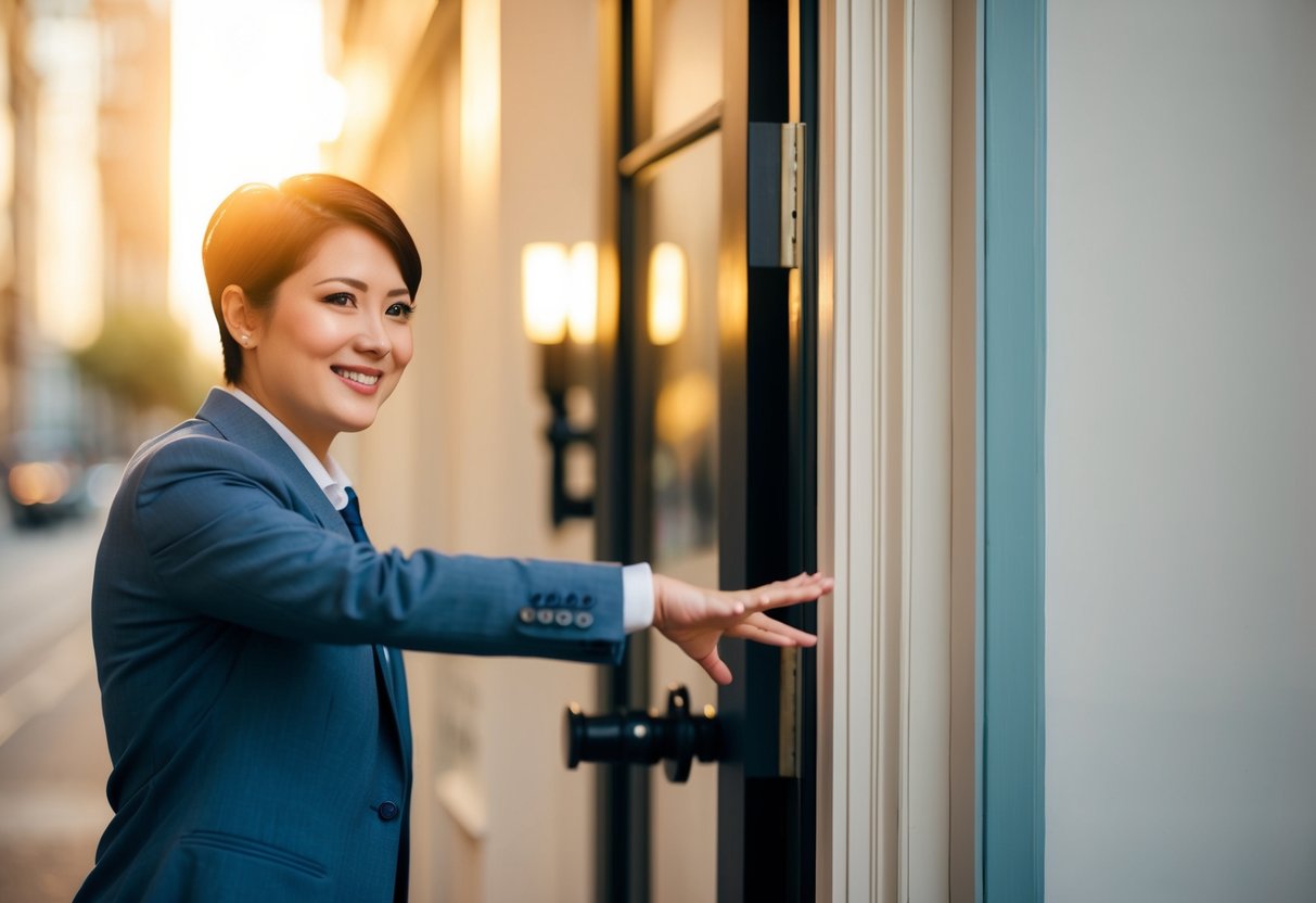 A person gesturing towards the door with a polite smile