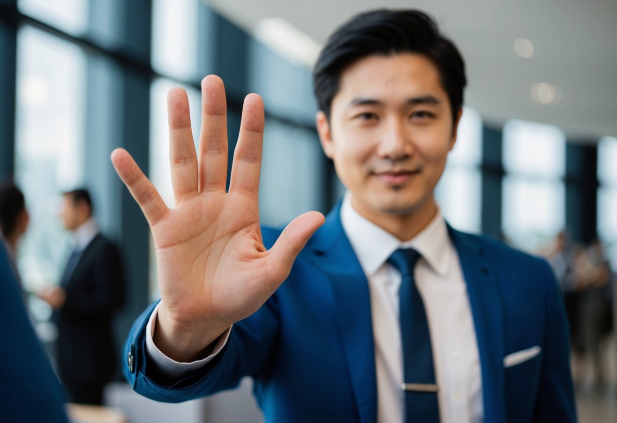 A person gesturing with an open palm facing up, politely declining a request from a guest