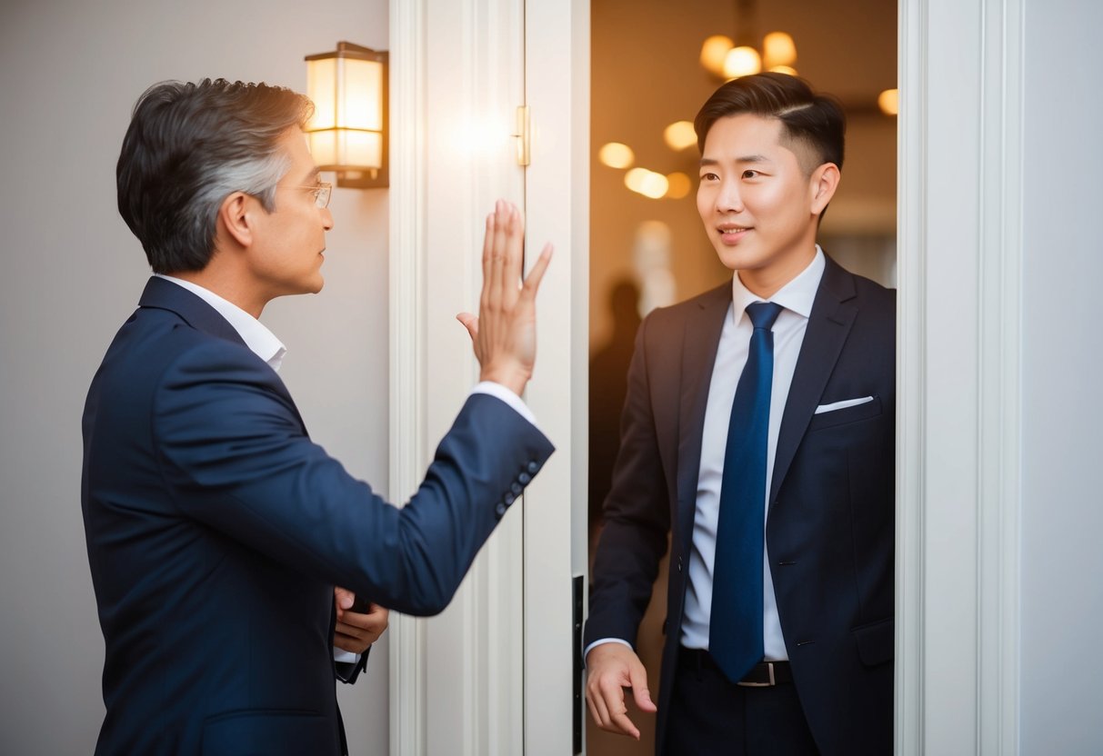A person gesturing a polite refusal to a guest at a door