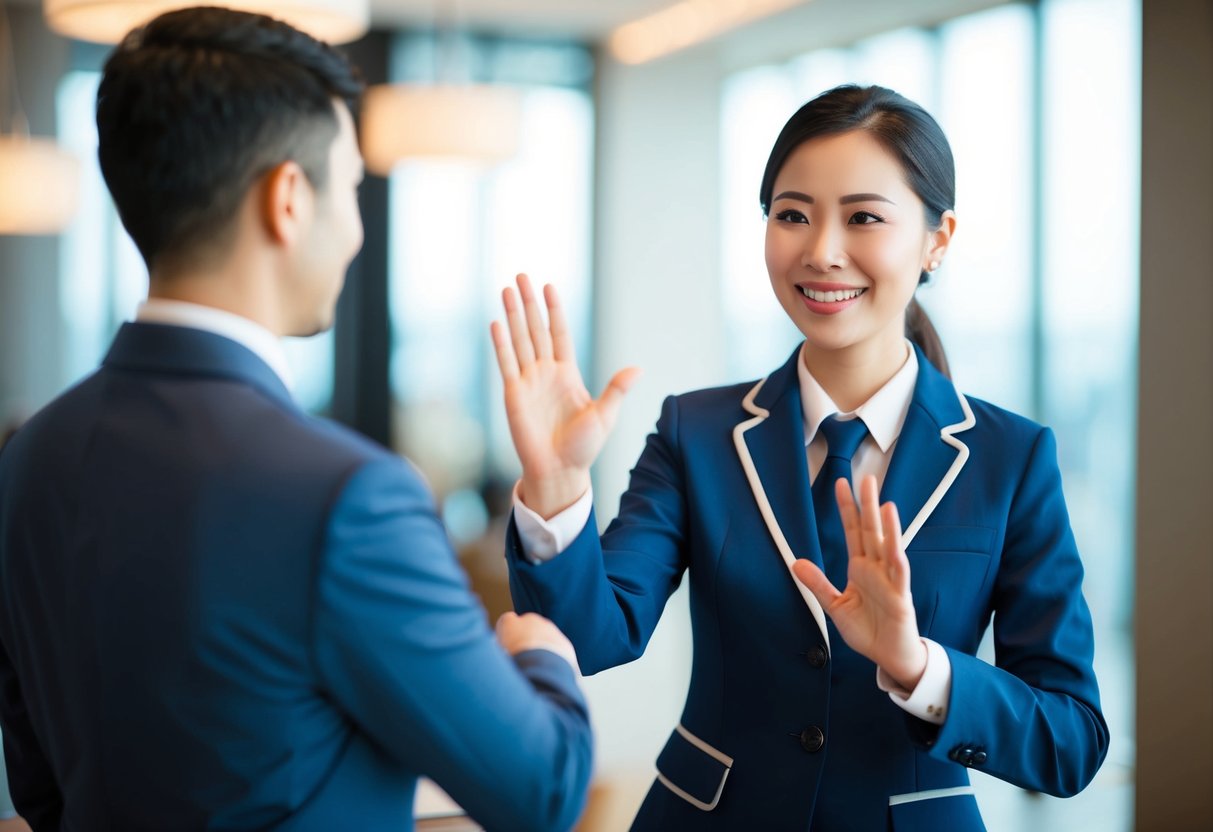 A hotel staff member smiling and gesturing with open palms while politely declining a request from a guest