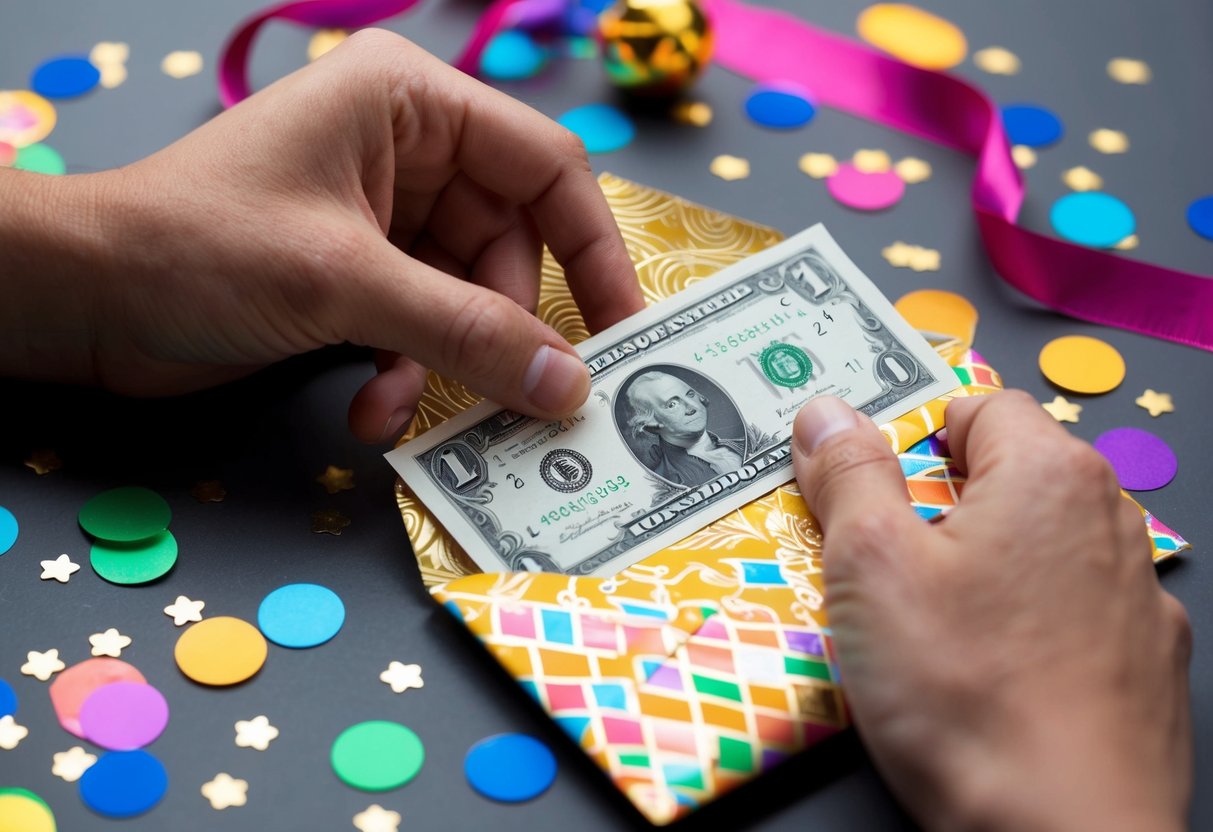 A hand placing a crisp banknote into a decorative envelope, surrounded by colorful confetti and a festive ribbon