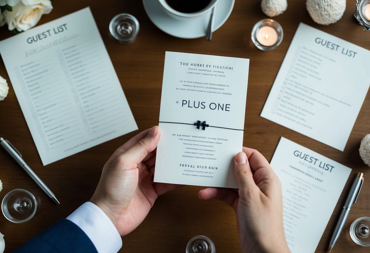 A hand holding a wedding invitation with a plus one option, surrounded by a guest list and pen
