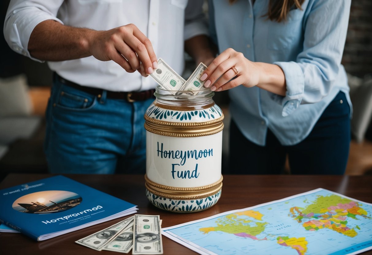 A couple placing money into a decorative jar labeled "Honeymoon Fund" on a table with a map and travel brochures
