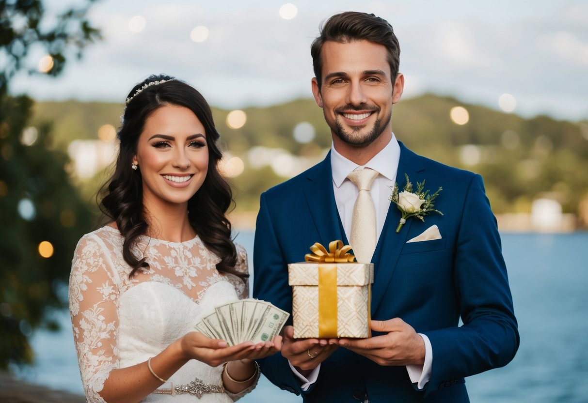 A newlywed couple receiving monetary gifts for their honeymoon fund