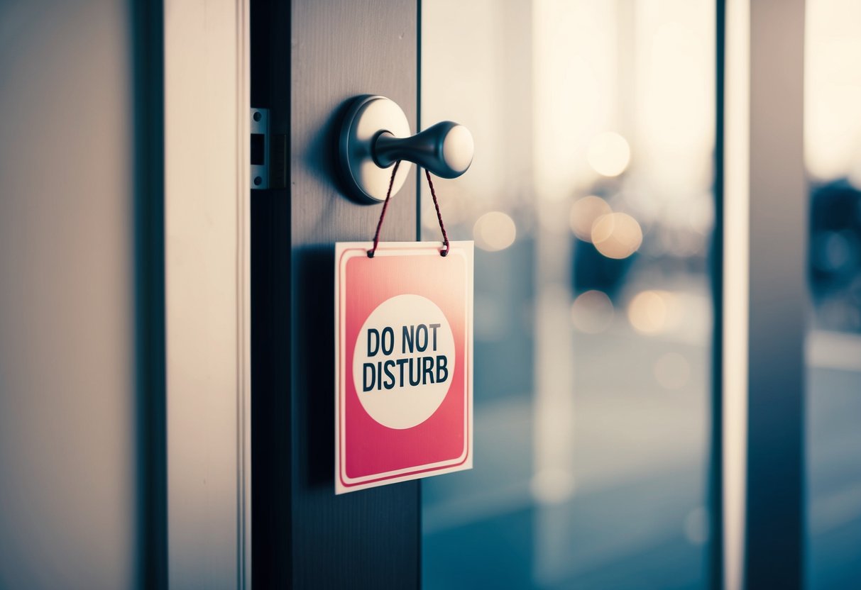A closed door with a "do not disturb" sign hanging on the handle