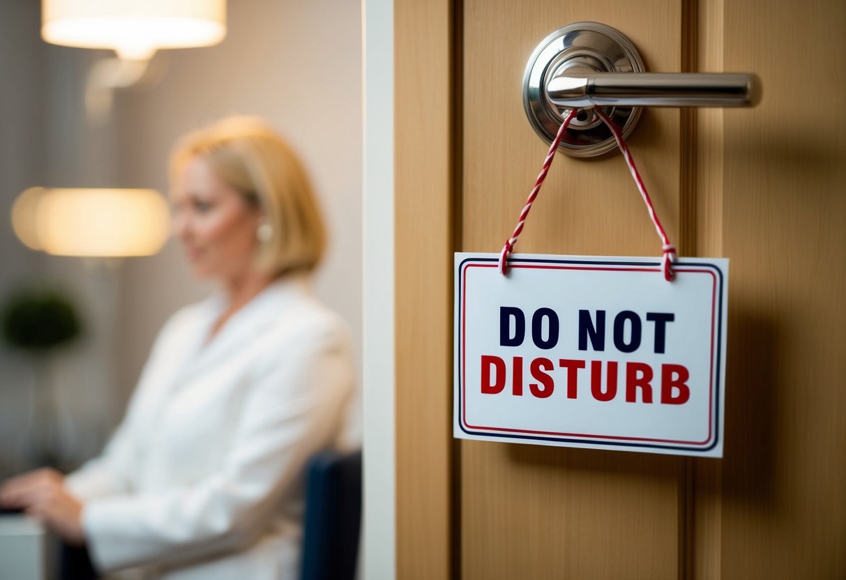 A closed door with a "do not disturb" sign hanging on the handle, while someone inside politely declines uninvited guests