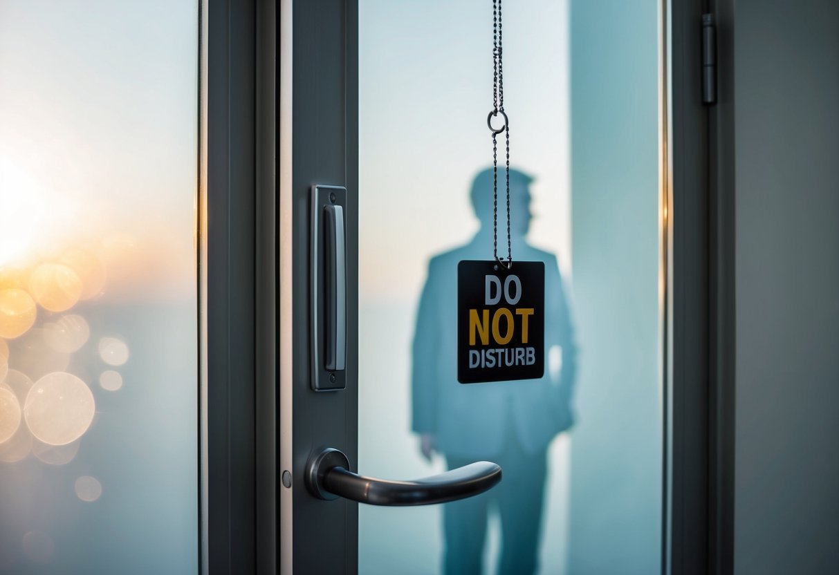 A closed door with a "do not disturb" sign hanging on the handle, while a shadow of a person is seen through the frosted glass