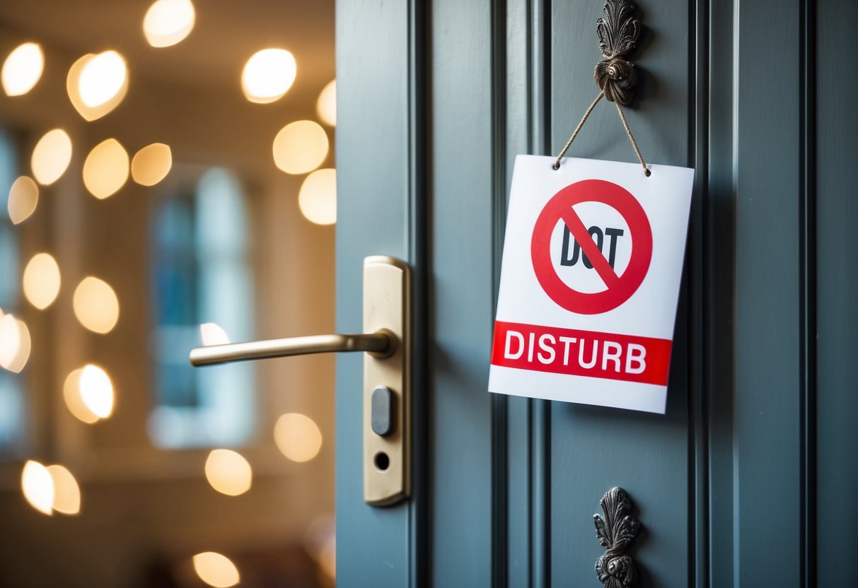 A closed front door with a "Do Not Disturb" sign hanging on the handle