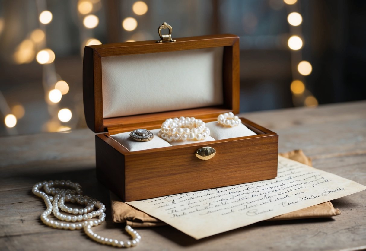 A wooden jewelry box filled with heirloom pearls and a handwritten letter on aged paper