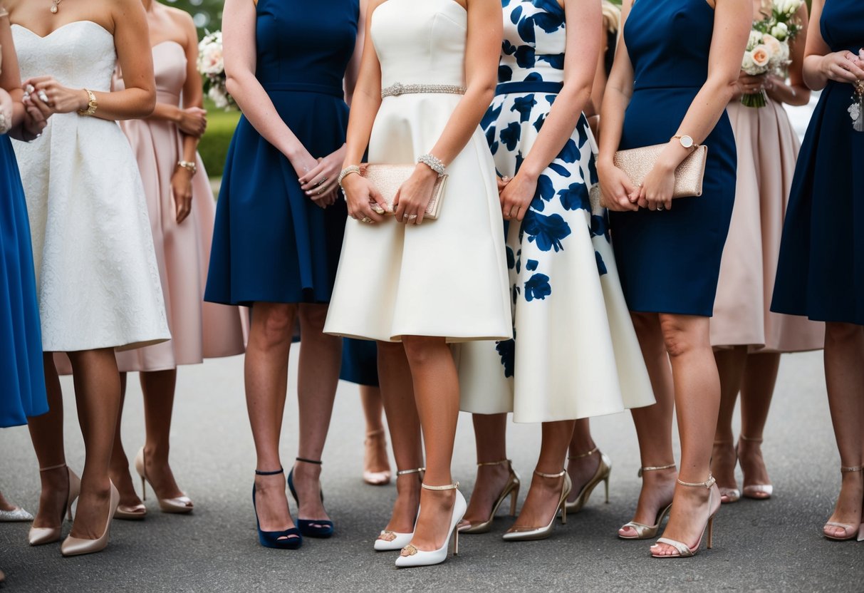 Female guests at weddings wear elegant dresses and high heels, often accessorized with jewelry and a clutch purse
