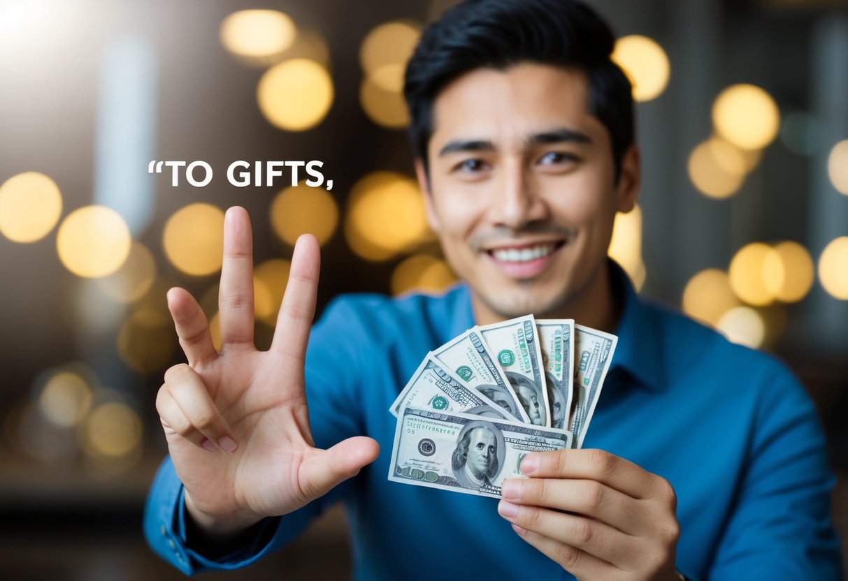 A person gesturing "no" to gifts, but a "yes" to money with a smile