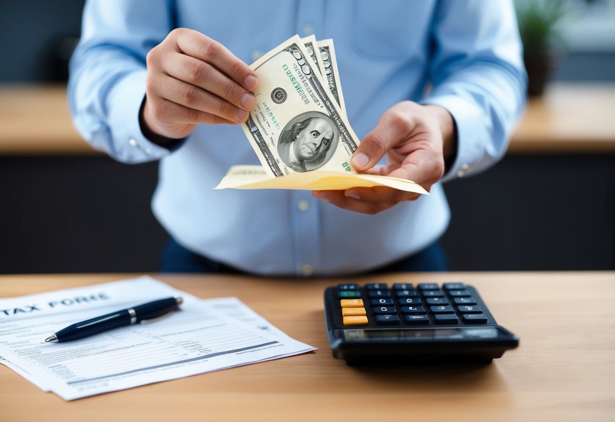 A person holding an envelope filled with cash, standing in front of a tax form and calculator