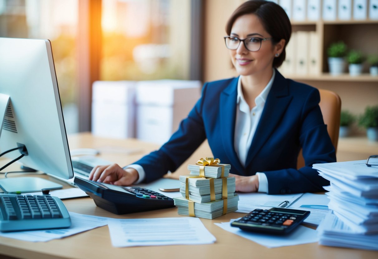 A person sitting at a desk, surrounded by paperwork and a computer, with a stack of cash gifts and a calculator in front of them
