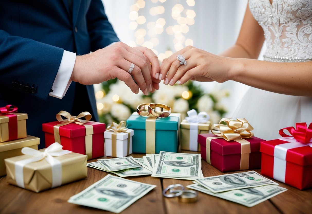 A couple exchanging wedding rings while surrounded by gifts of various sizes and shapes, including monetary envelopes and wrapped packages