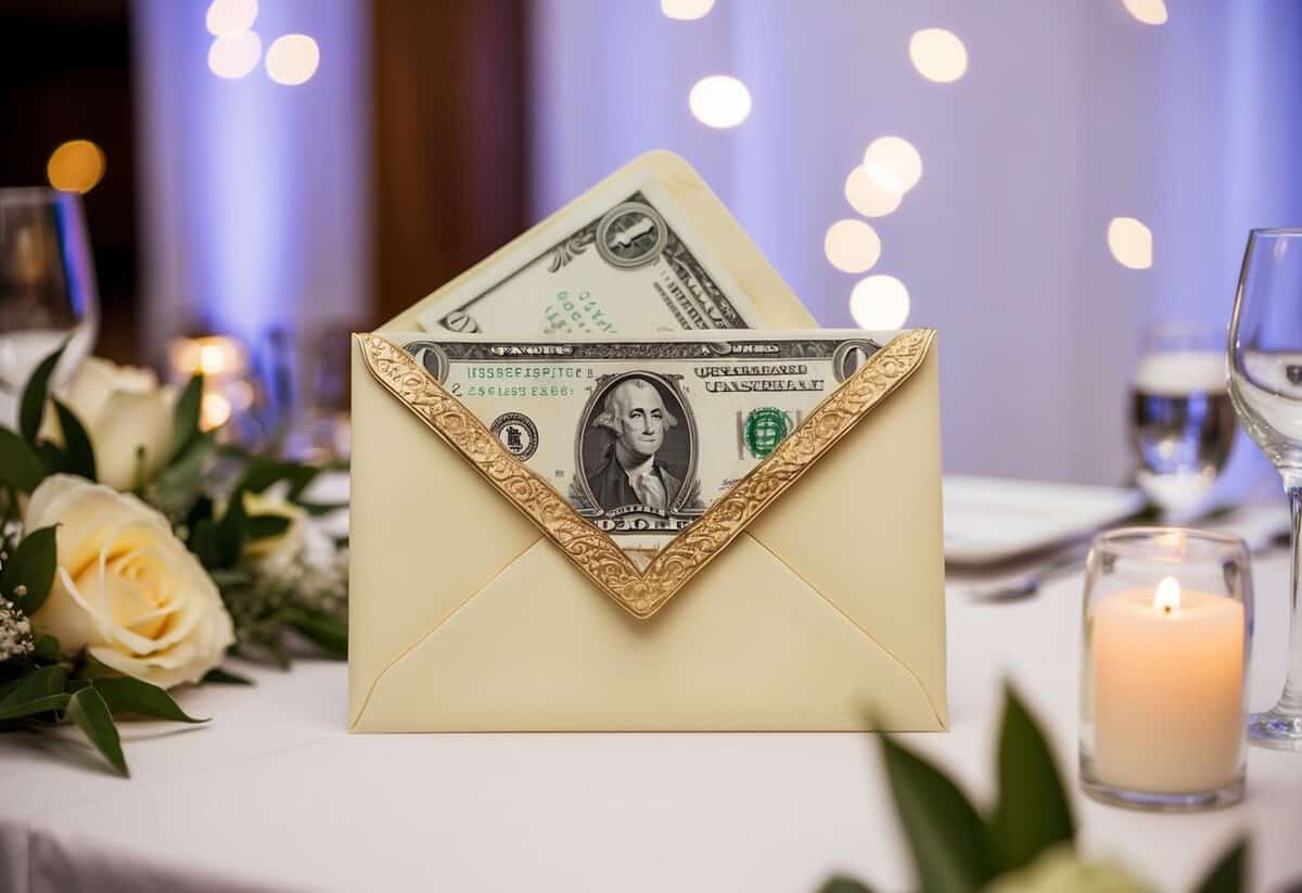 A decorative envelope with cash inside, placed on a gift table at a wedding reception