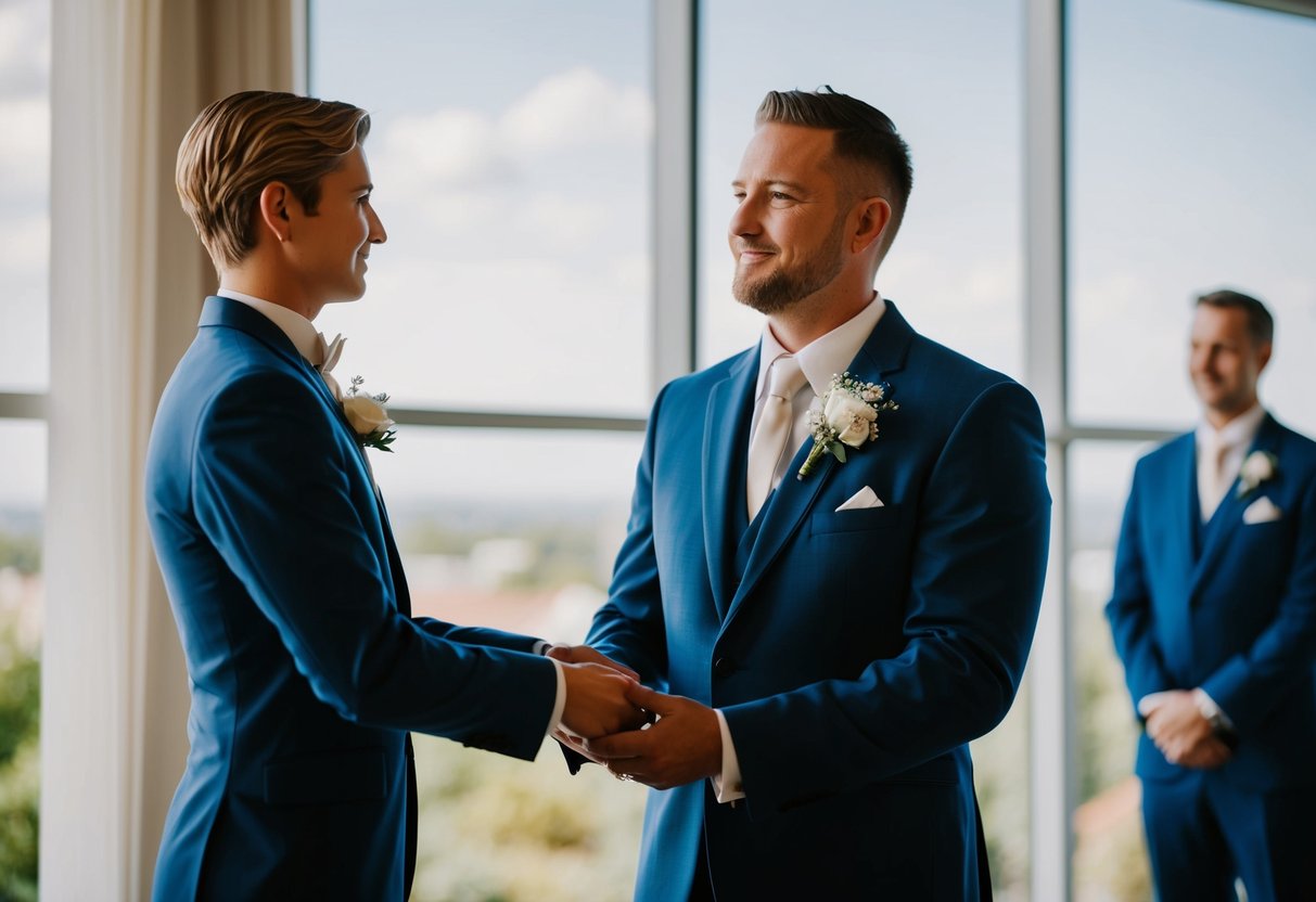 A figure stands beside the groom, symbolizing the act of giving away. The groom looks towards the figure with gratitude and respect