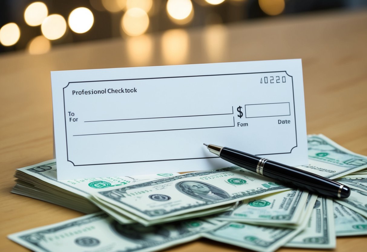 A blank check with two empty lines for names, surrounded by a pen and a stack of bills