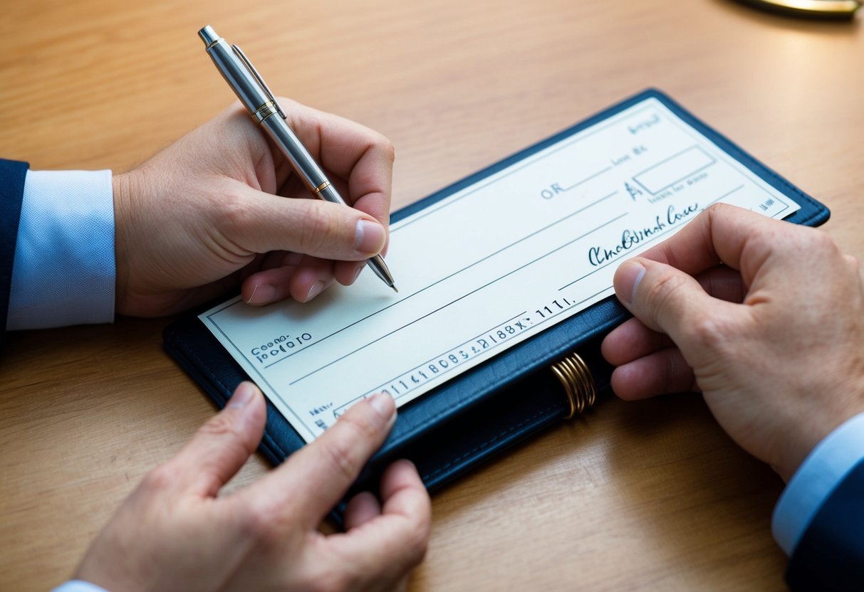 A hand holding a pen writes two names on a blank check. Another hand holds the checkbook open to show the proper endorsement process