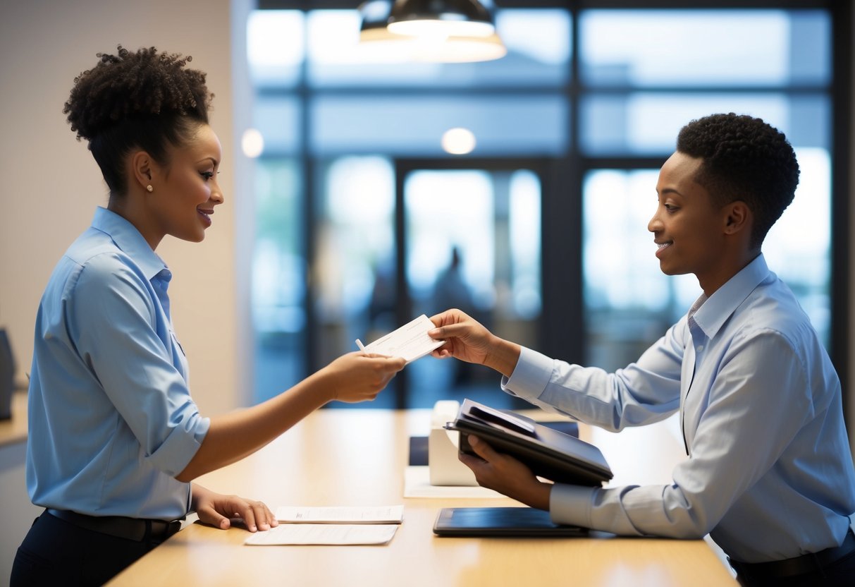 Two individuals standing at a bank counter, one handing over a checkbook while the other fills out a check