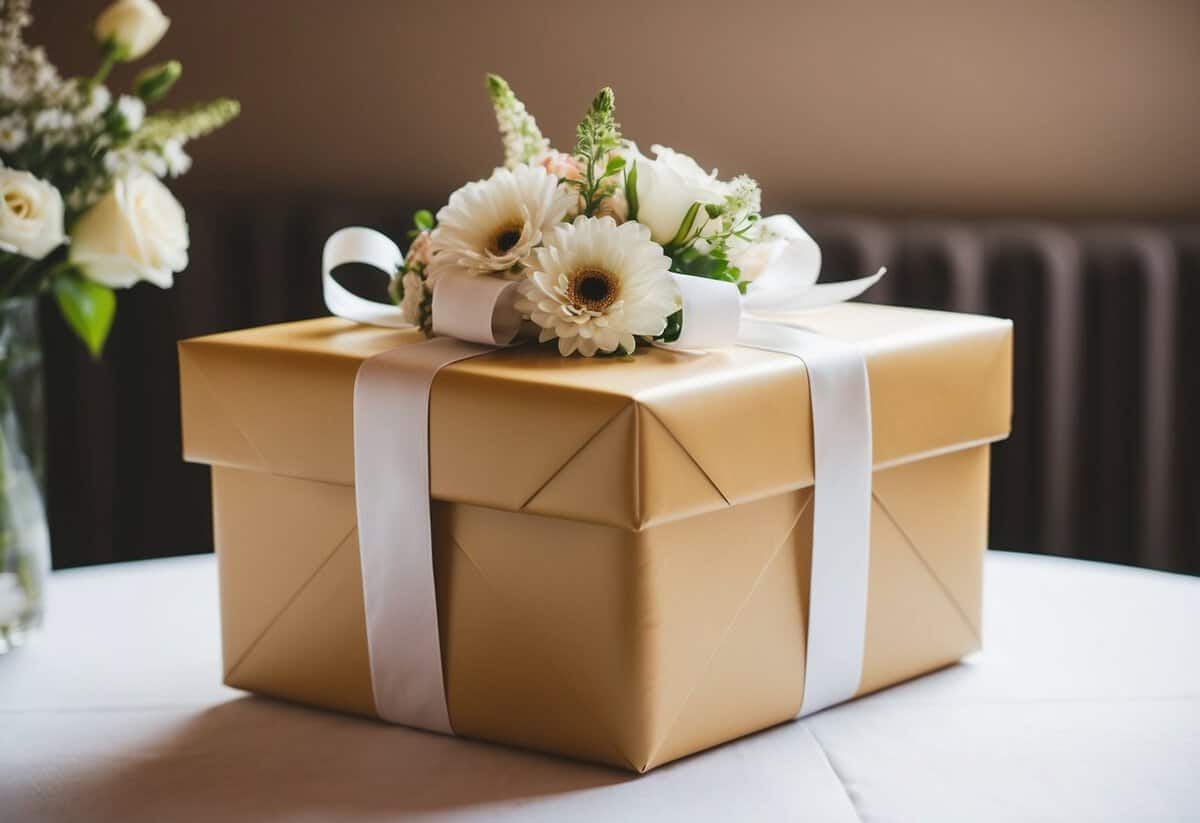 A beautifully wrapped gift box sits on a table, adorned with ribbons and flowers, ready to be presented to the bride on her wedding day