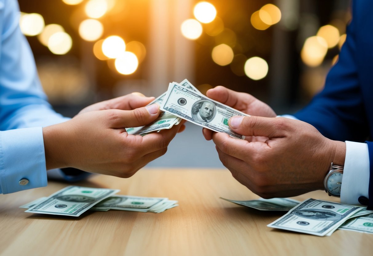 Two sets of hands exchanging two stacks of bills