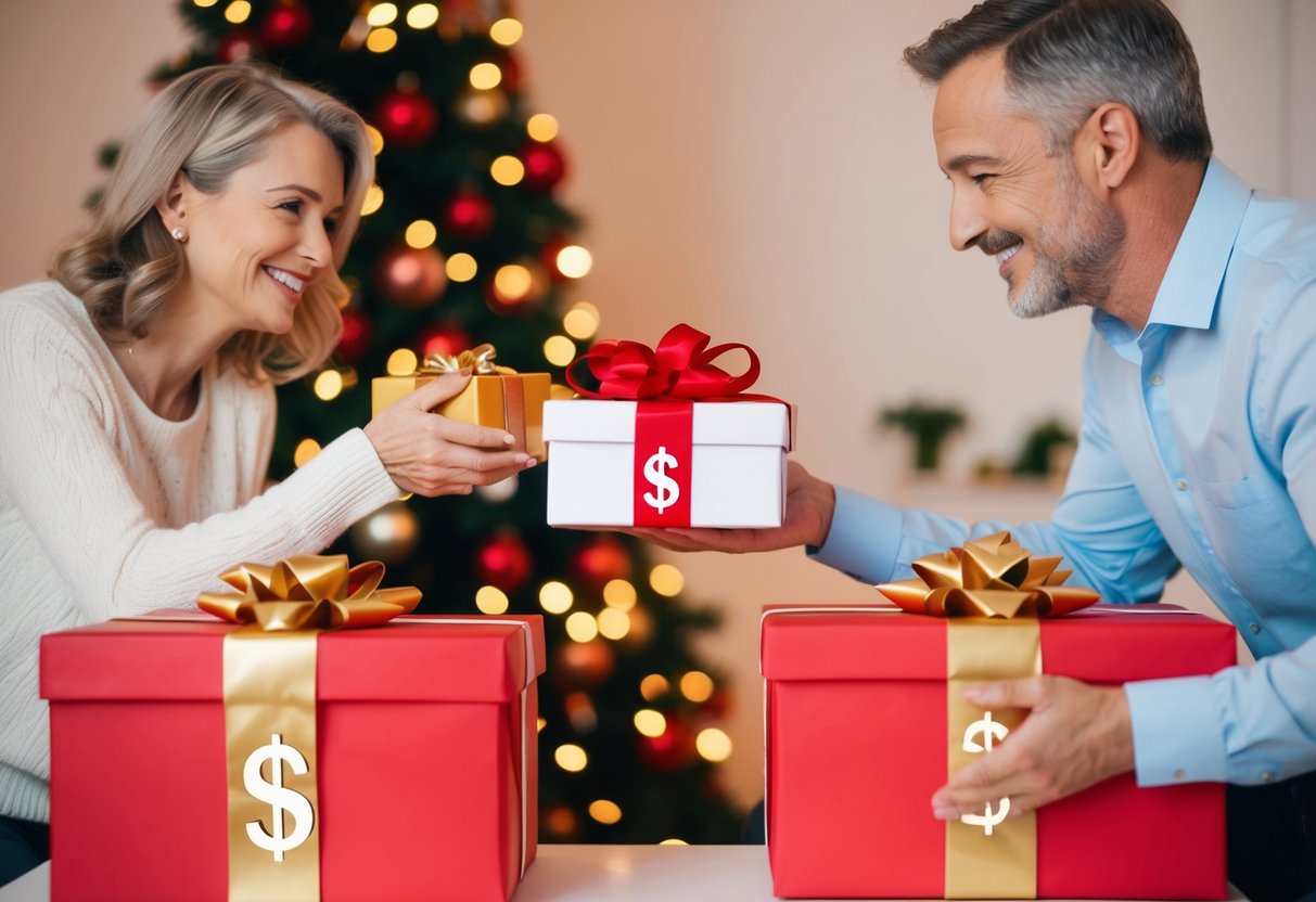 Two sets of parents exchanging gift boxes with dollar signs on them