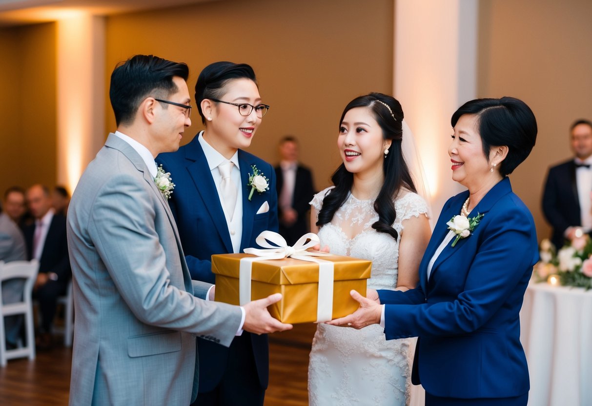 Two parents each presenting a wrapped gift box to a couple at a wedding reception. The couple appears surprised and grateful