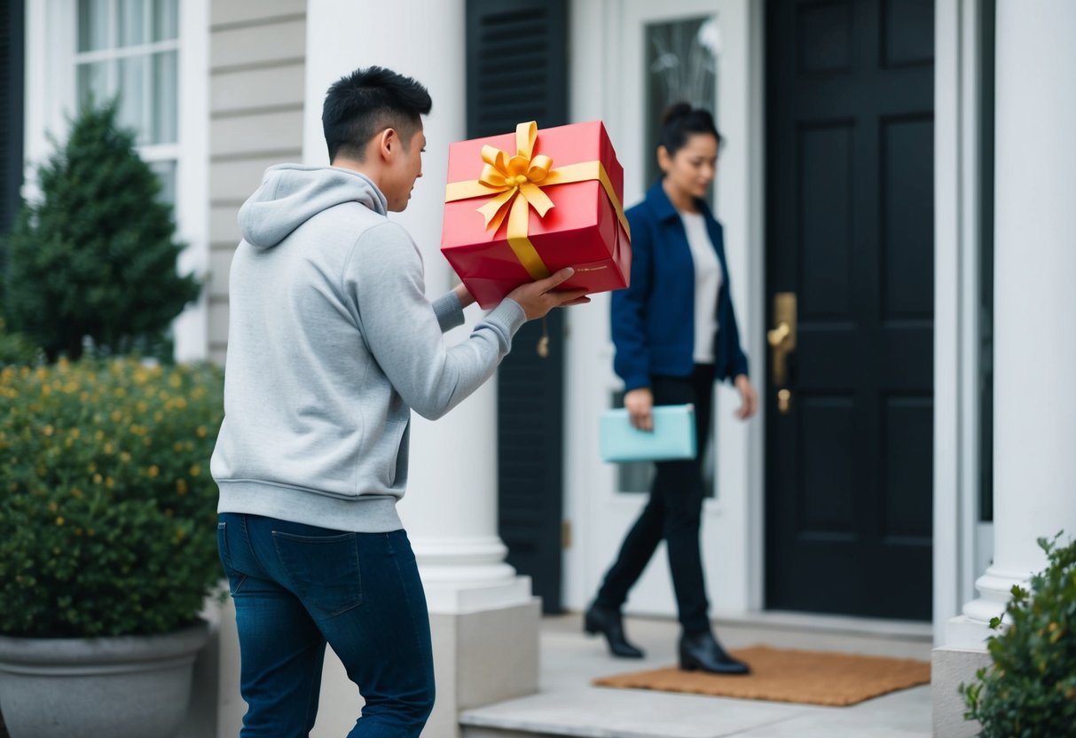 A person leaving a gift on a doorstep, walking away with a disappointed expression