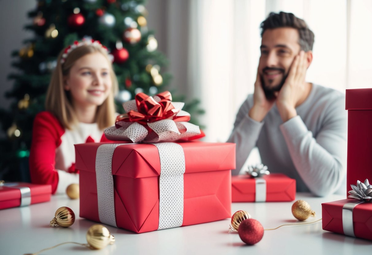 A beautifully wrapped gift sits on a table, surrounded by cheerful decorations. The recipient looks on, seemingly unaware of the unopened present