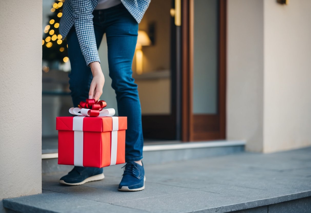 A person leaving a gift on a doorstep, walking away with a smile