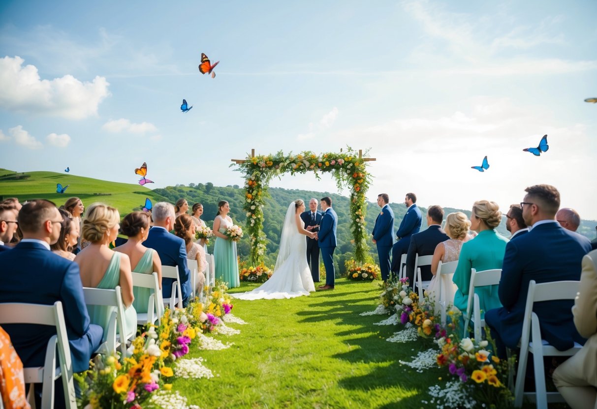 A sunny outdoor wedding ceremony on a lush green hilltop, with colorful flowers and butterflies fluttering around