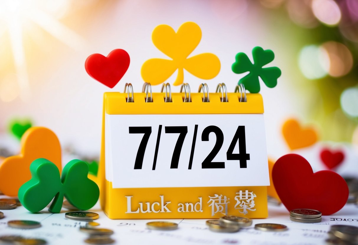 A calendar with highlighted date of 7/7/24, surrounded by symbols of luck and love