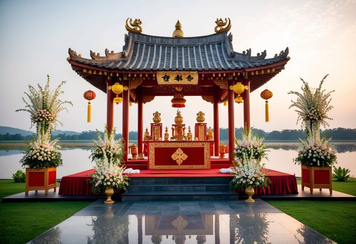 A traditional wedding altar adorned with lucky symbols and surrounded by blooming flowers, set against a backdrop of a serene and auspicious landscape