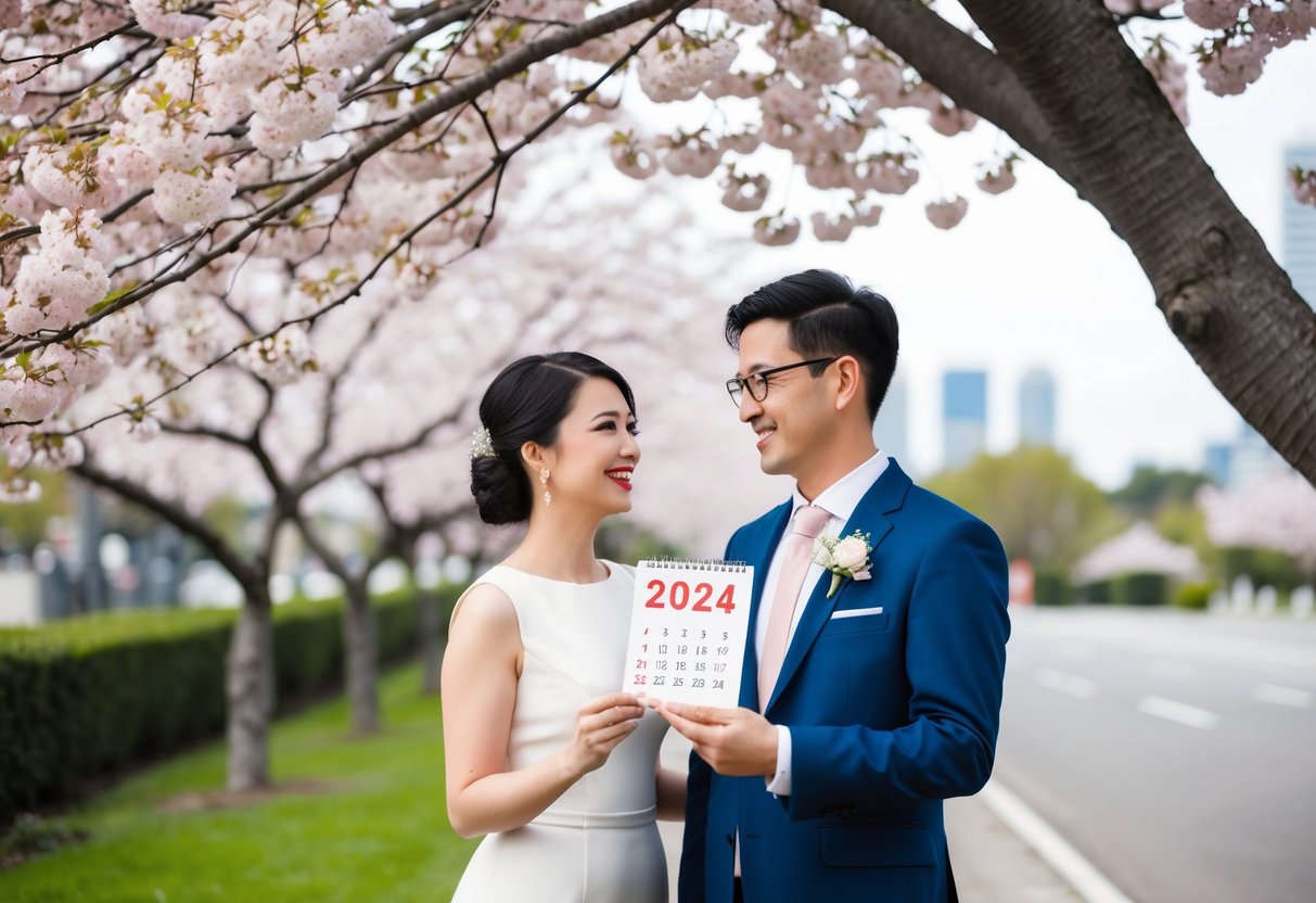 A couple stands under a blooming cherry blossom tree with a calendar showing the lucky wedding date in 2024