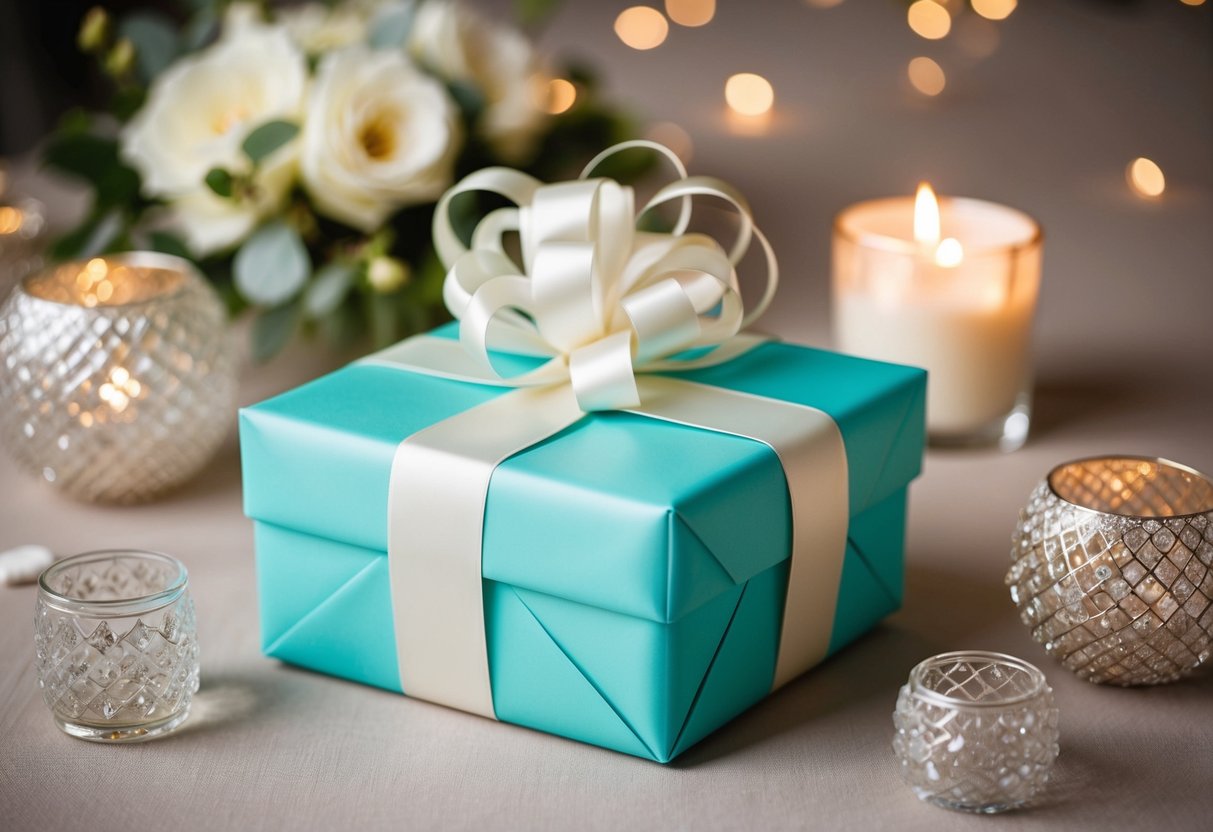 A beautifully wrapped gift box surrounded by elegant wedding decor