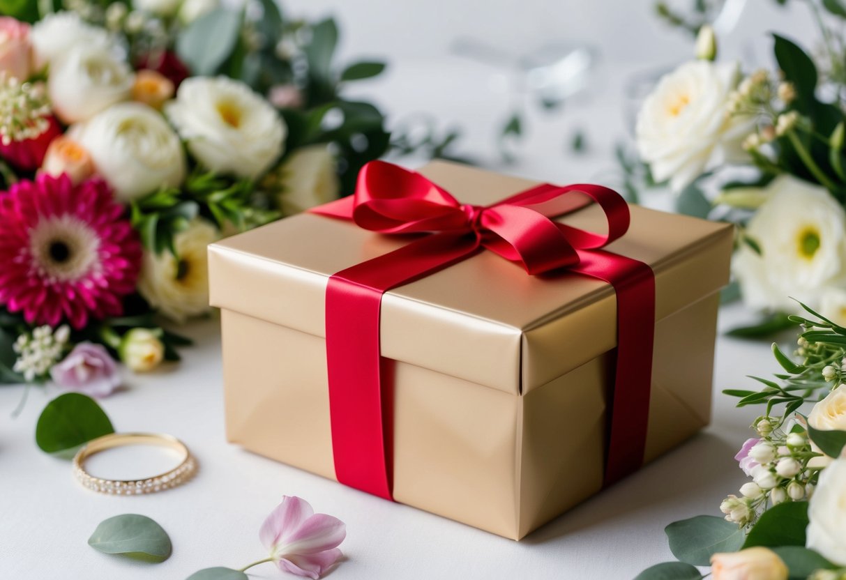A beautifully wrapped gift box surrounded by elegant wedding decor and flowers