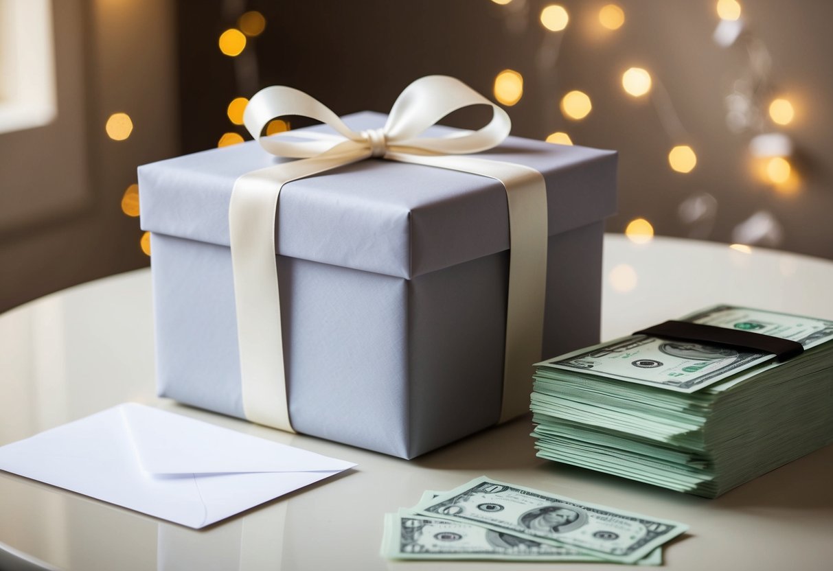 A beautifully wrapped gift box with a bow sits on a table next to a wedding card and a stack of money envelopes