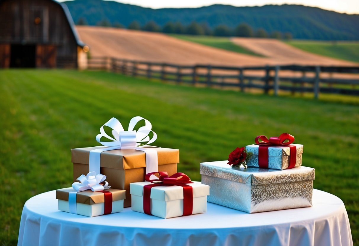 A rustic barn wedding with rolling hills in the background. A gift table with a variety of presents, including a beautifully wrapped box with a bow