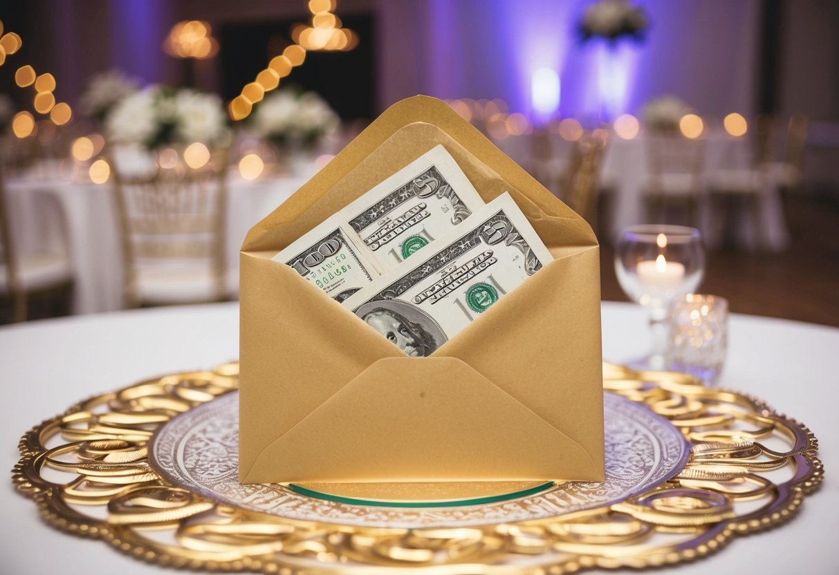 A beautifully wrapped envelope with cash inside, placed on a decorative table at a wedding reception