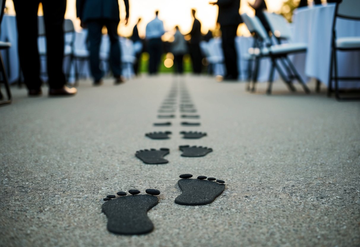 A line of footprints leading towards a gathering area, with scattered chairs and tables set up for a large event