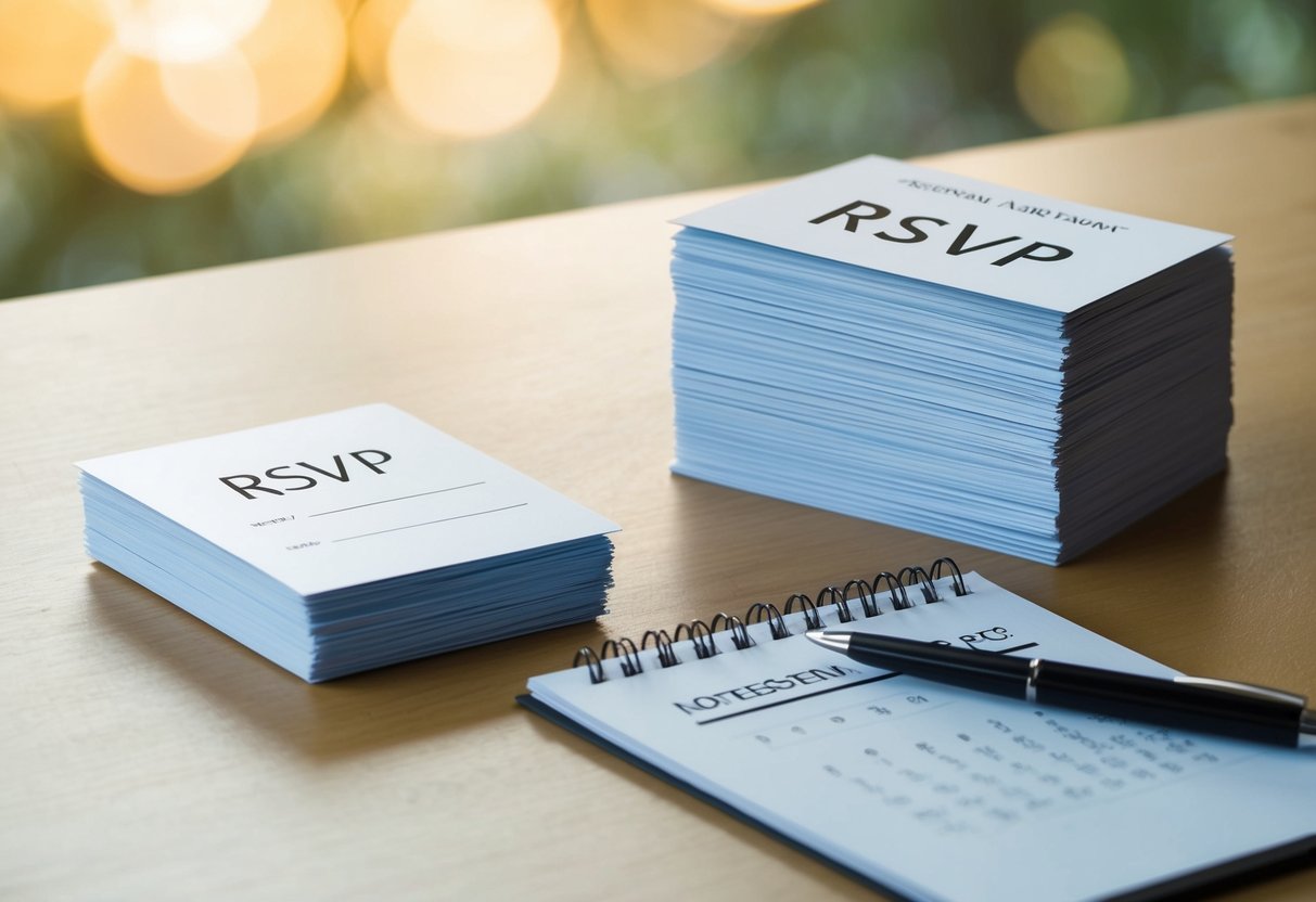 A table with a stack of RSVP cards, some filled out and some blank. A calendar with the event date circled, and a pen next to a notepad for tallying responses