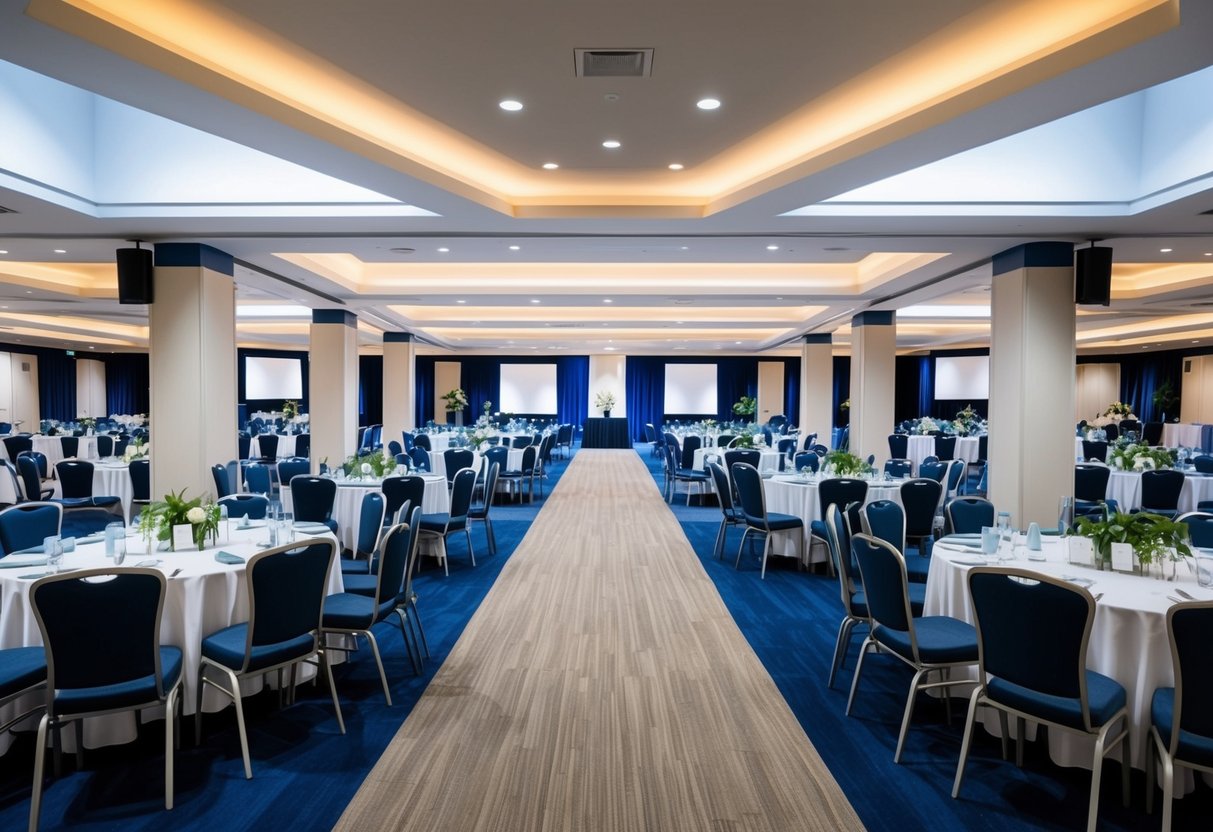 A spacious event venue with rows of chairs and tables, surrounded by open space for mingling and networking